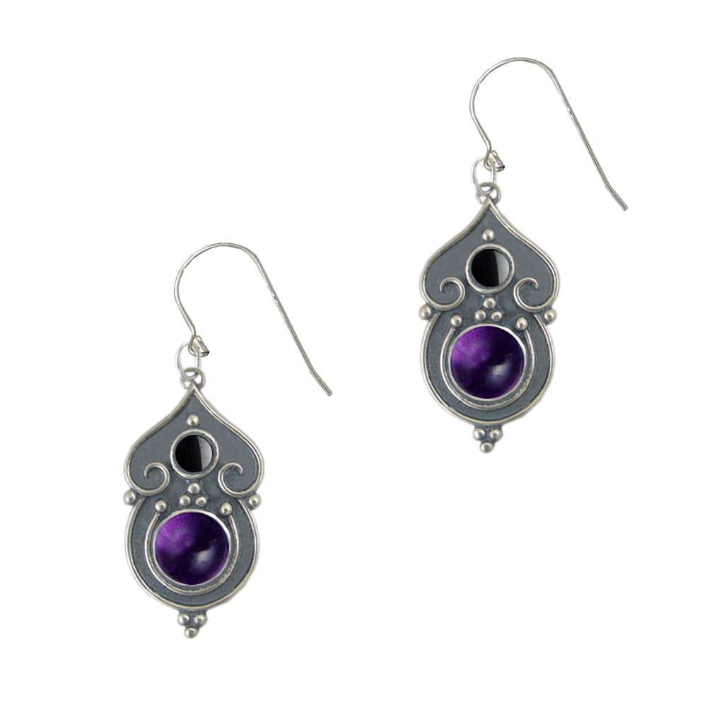 Sterling Silver Gothic Inspired Drop Dangle Earrings With Amethyst And Hematite